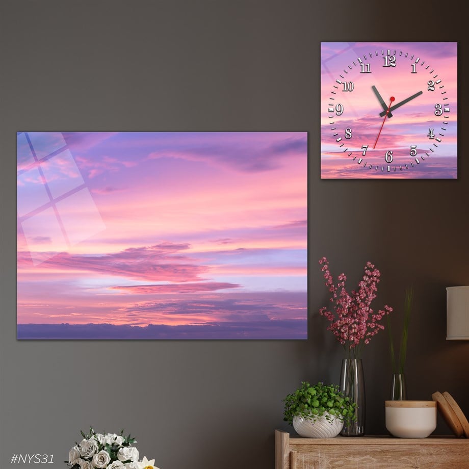 Tempered Glasss Wall Arts Art-Themed Set with Square Clock