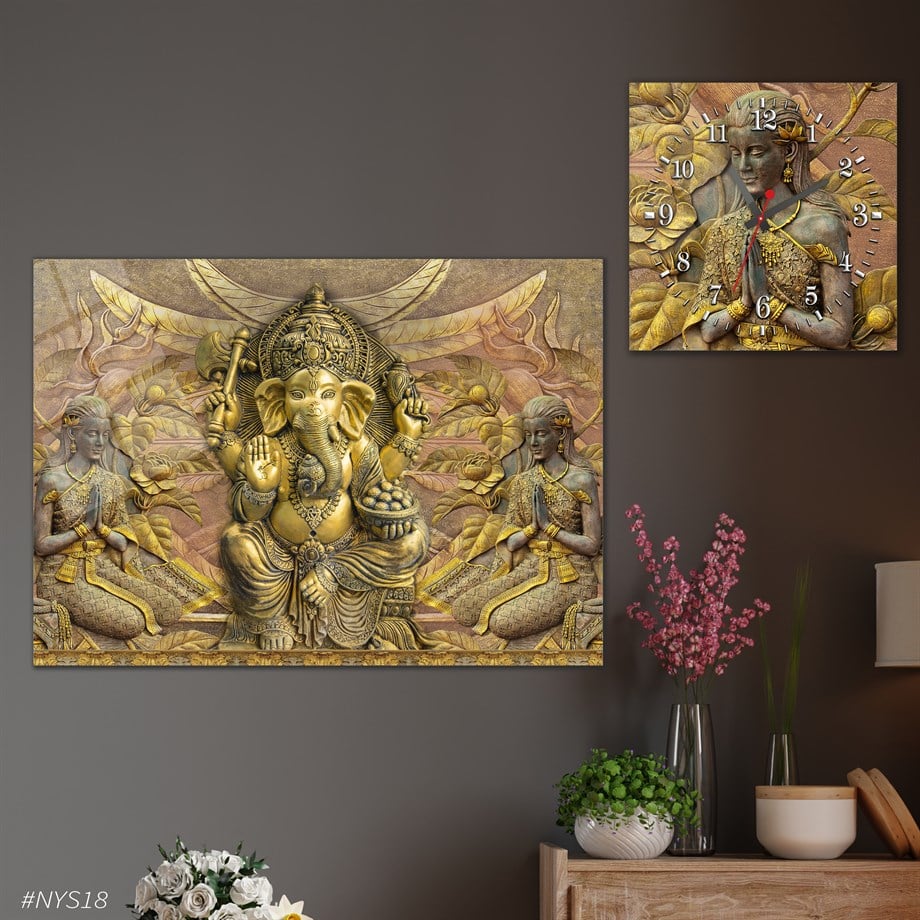 Tempered Glasss Wall Arts Art-Themed Set with Square Clock