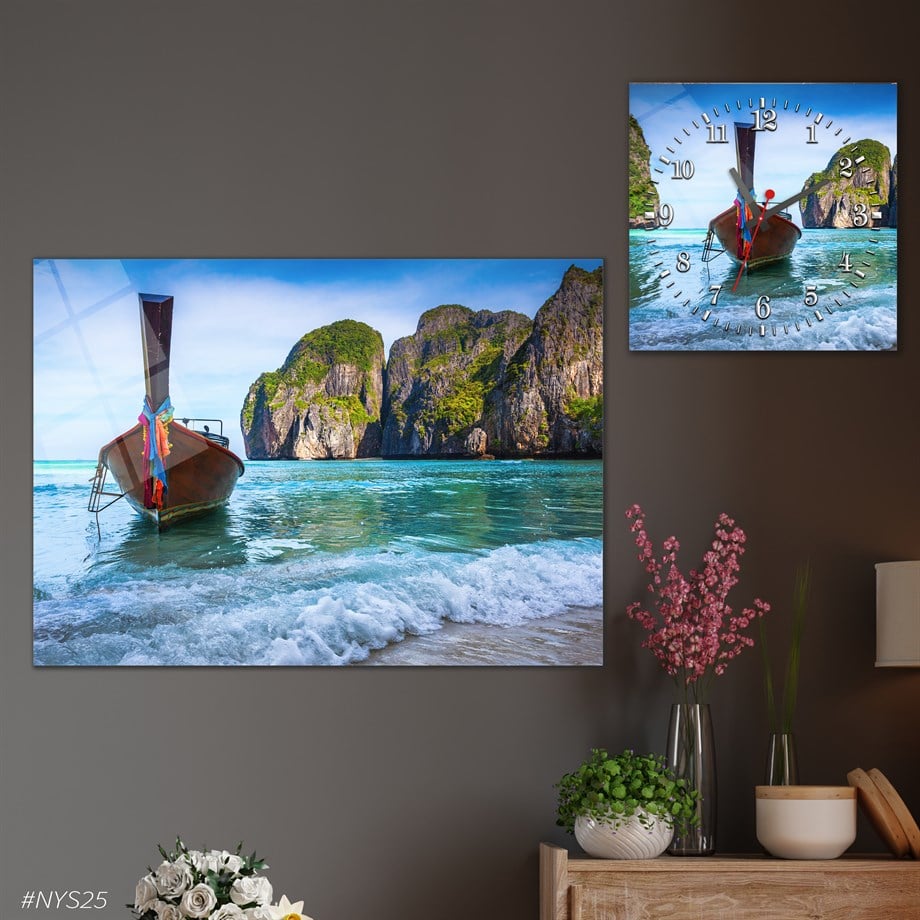 Tempered Glasss Wall Arts Art-Themed Set with Square Clock