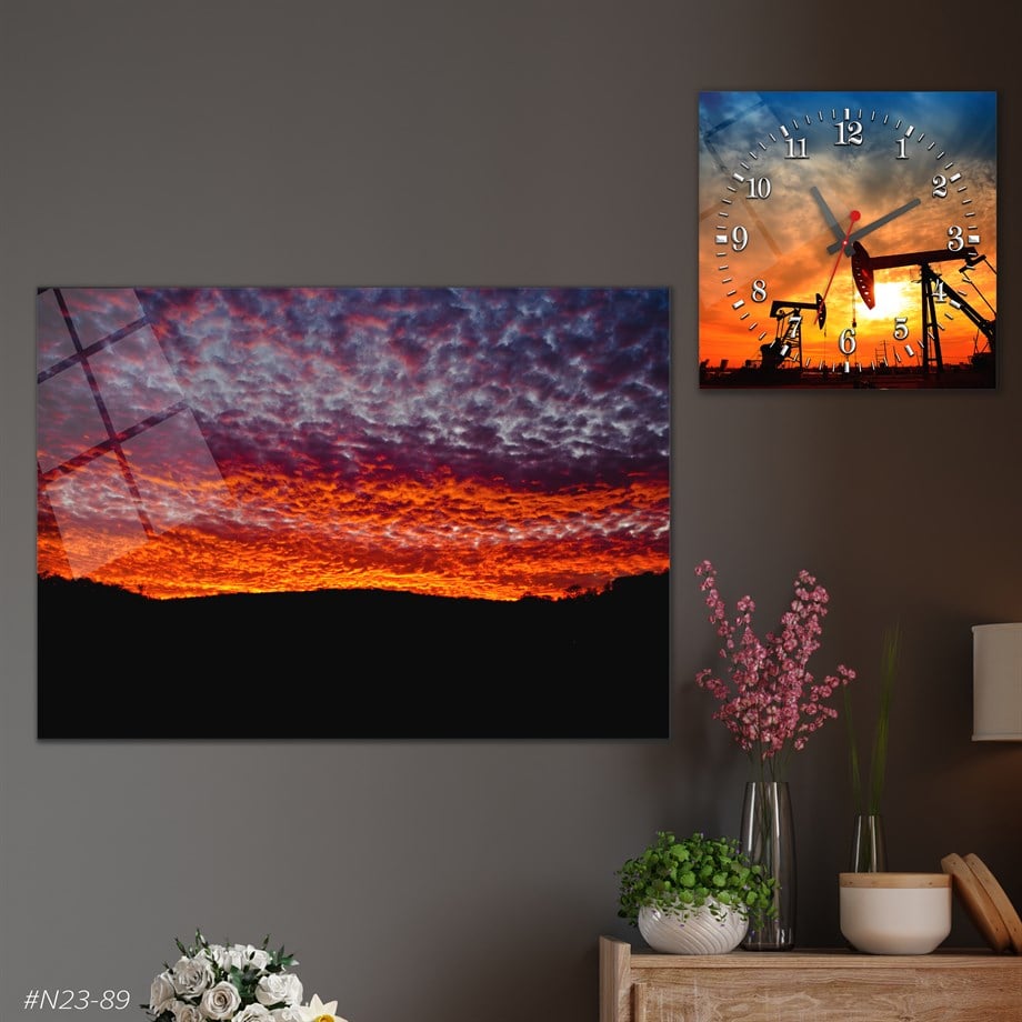 Tempered Glasss Wall Arts Art-Themed Set with Square Clock