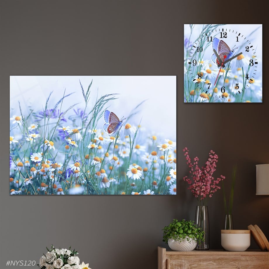 Tempered Glasss Wall Arts Art-Themed Set with Square Clock