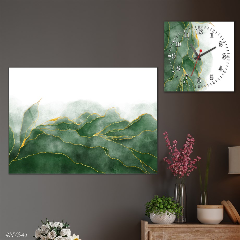 Tempered Glasss Wall Arts Art-Themed Set with Square Clock
