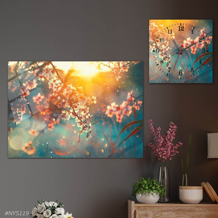 Tempered Glasss Wall Arts Art-Themed Set with Square Clock