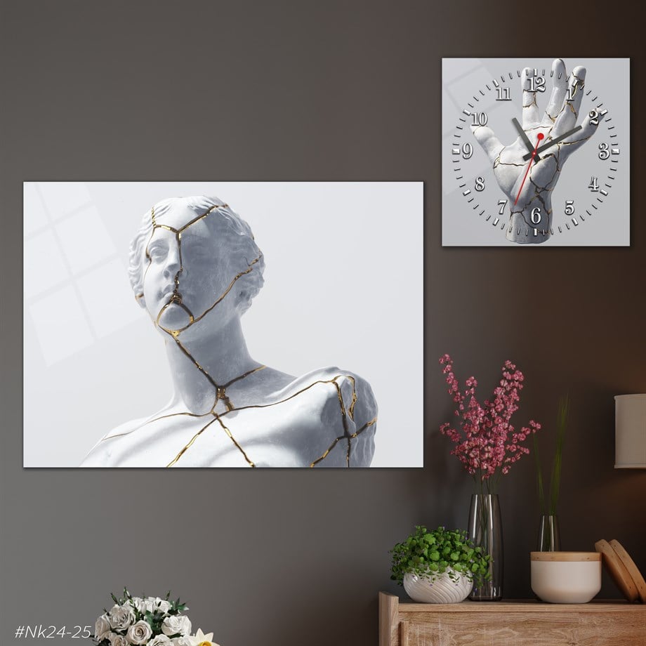 Tempered Glasss Wall Arts Art-Themed Set with Square Clock