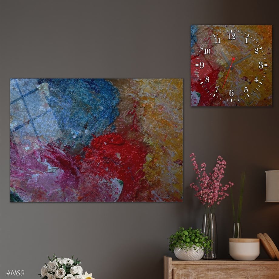 Tempered Glasss Wall Arts Art-Themed Set with Square Clock