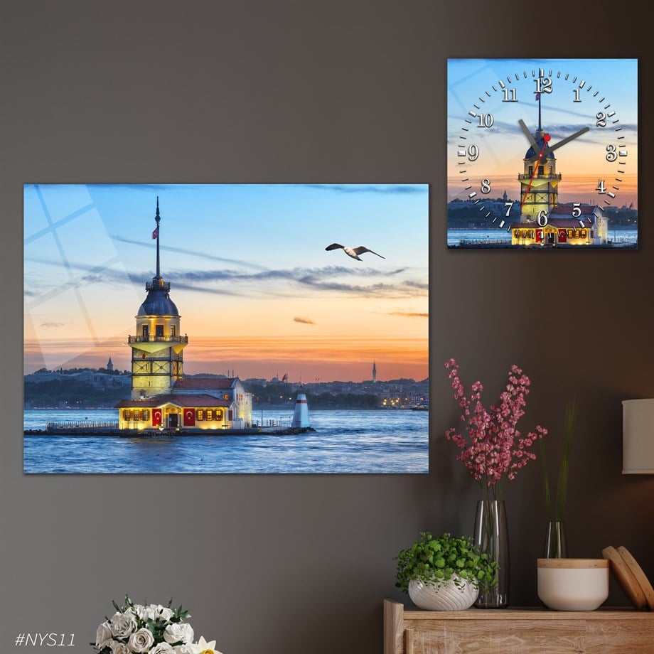 Tempered Glasss Wall Arts Art-Themed Set with Square Clock