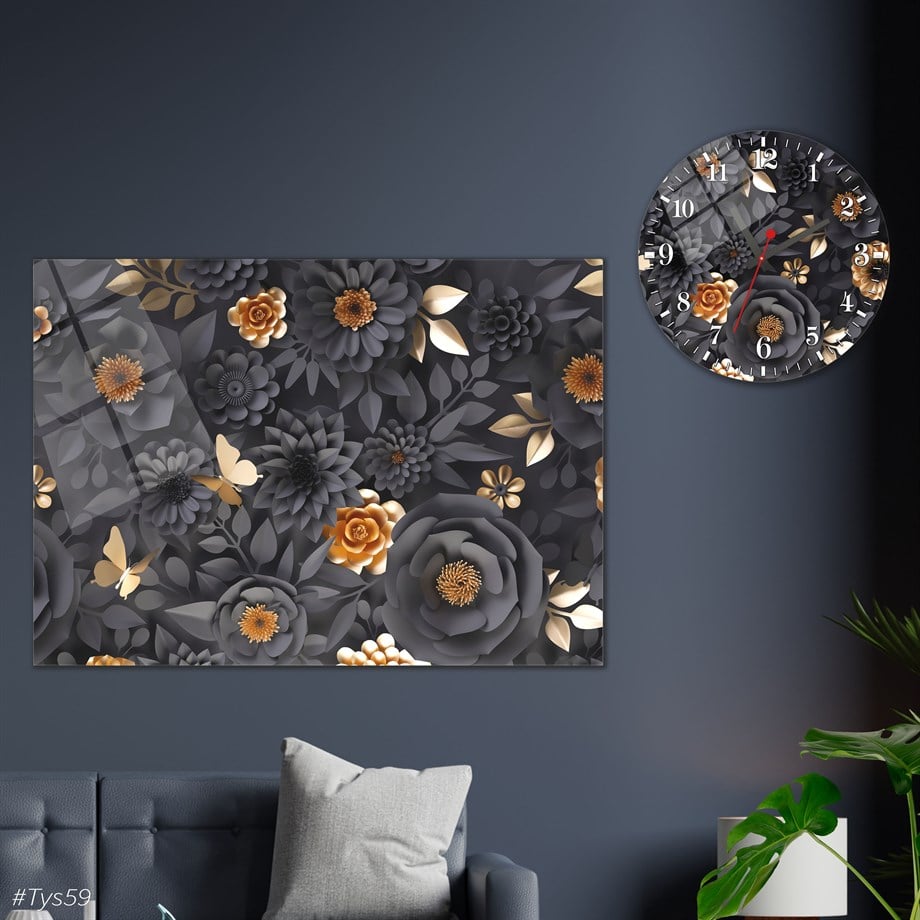 Tempered Glasss Wall Arts Art-Themed Set with Round Clock
