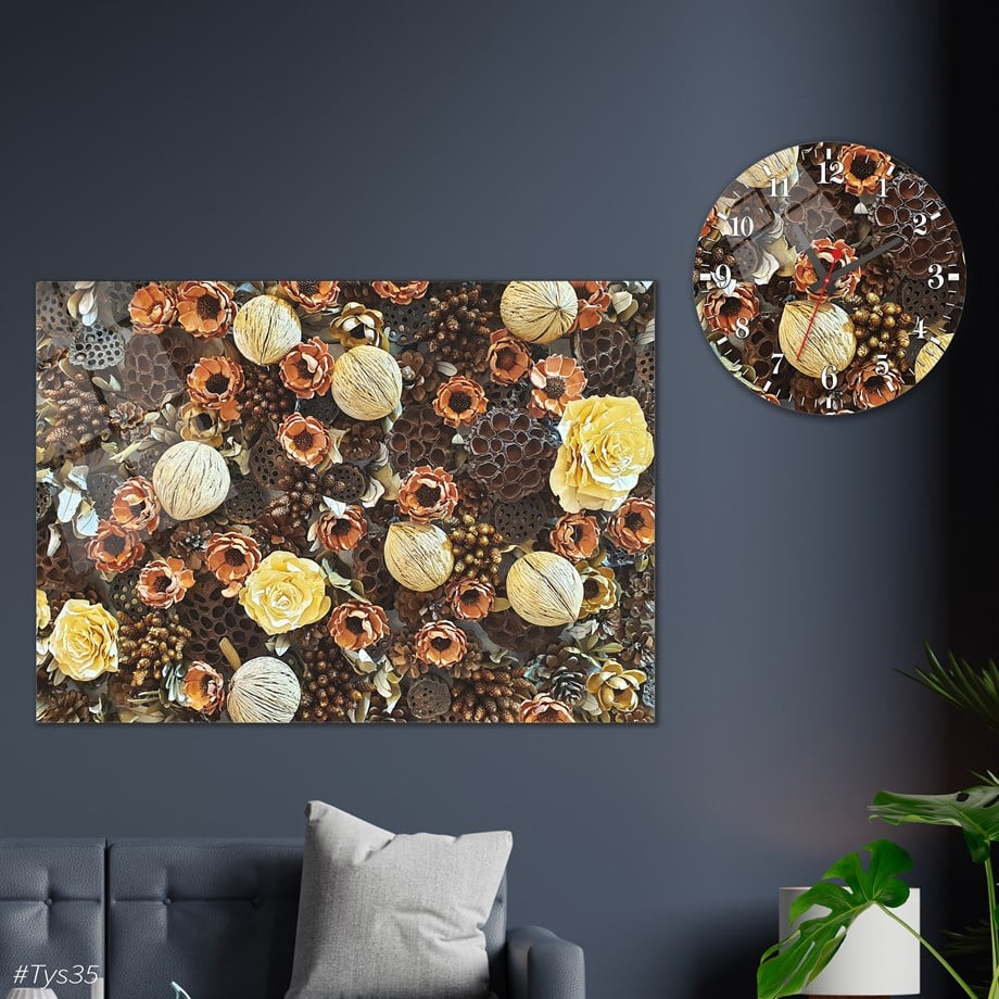 Tempered Glasss Wall Arts Art-Themed Set with Round Clock