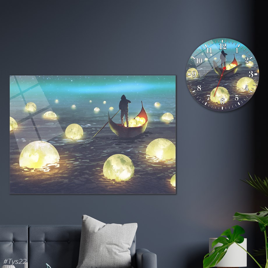 Tempered Glasss Wall Arts Art-Themed Set with Round Clock