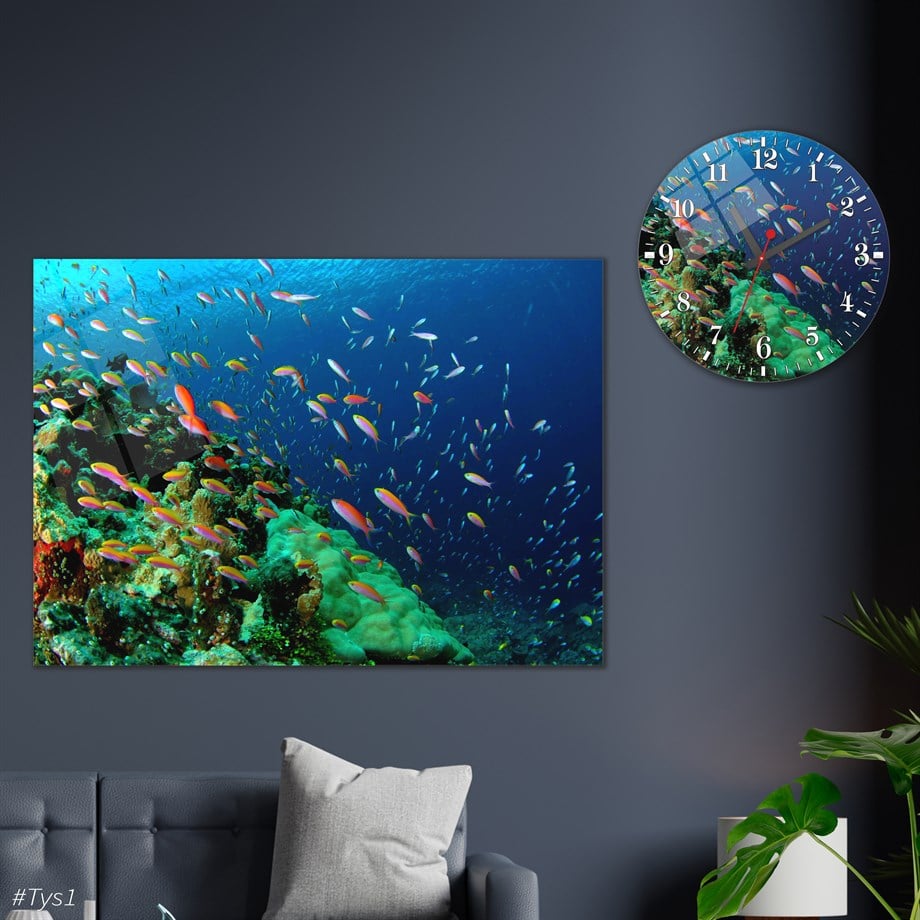 Tempered Glasss Wall Arts Art-Themed Set with Round Clock