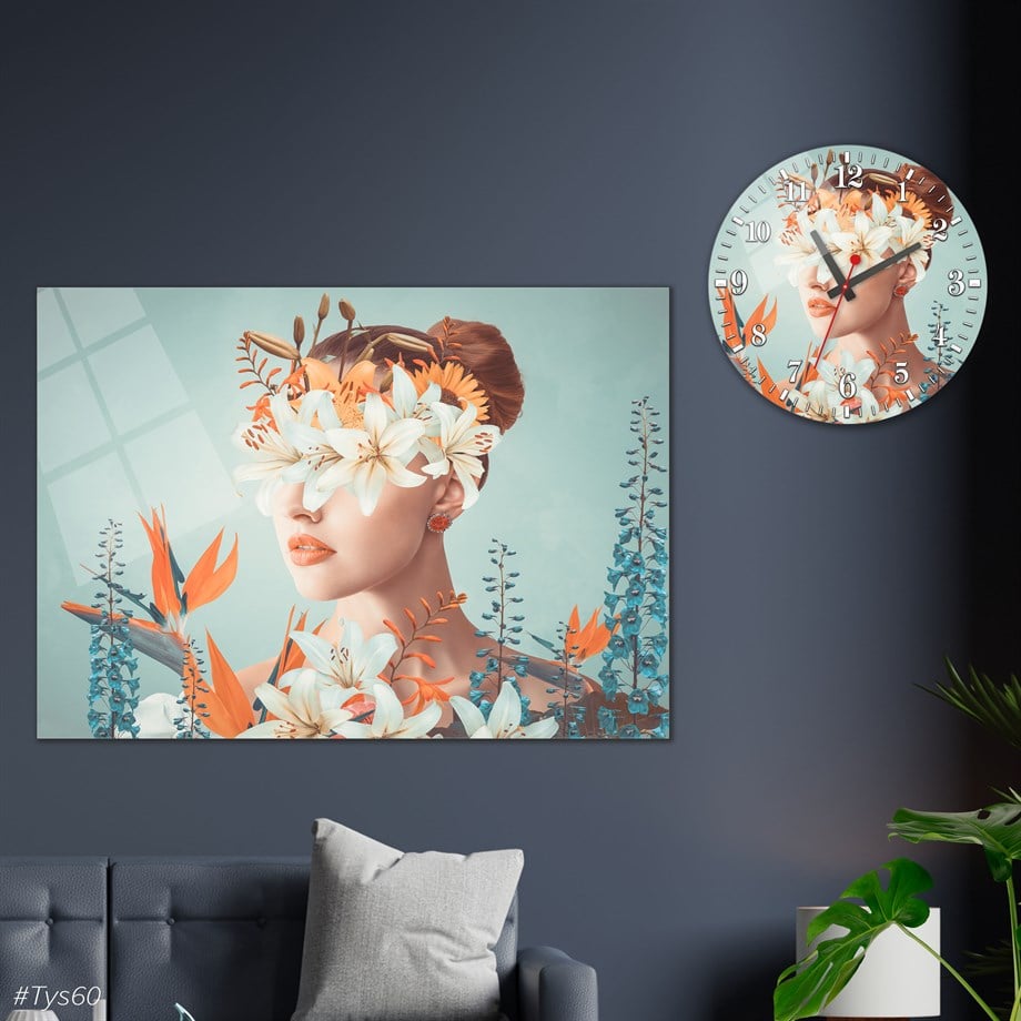 Tempered Glasss Wall Arts Art-Themed Set with Round Clock