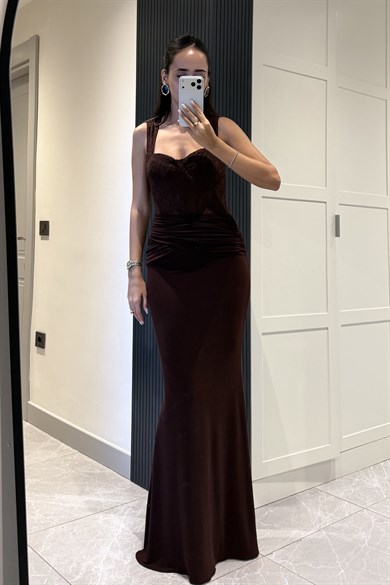 Acı Kahve Beli Dantelli Uzun Elbise - Kadın Elbise Modelleri - Nazliye Moda | Kadın Giyim Modası