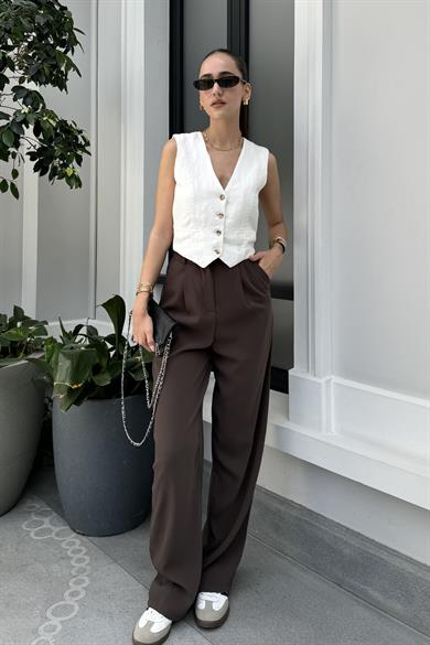 Acı Kahve Dökümlü Palazzo Pantolon - Kadın Pantolon Modelleri - Nazliye Moda - Kadın Giyim Modası
