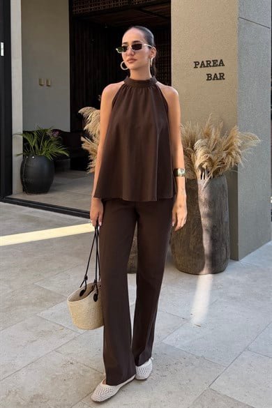 Acı Kahve Halter Bluz Keten Takım - Kadın Takım Modelleri - Nazliye Moda | Kadın Giyim Modası