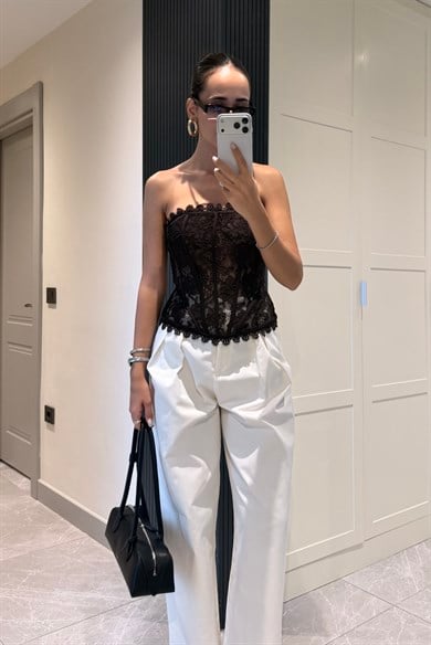 Acı Kahve Straplez Korse Dantel Bluz - Kadın Bluz Modelleri - Nazliye Moda | Kadın Giyim Modası