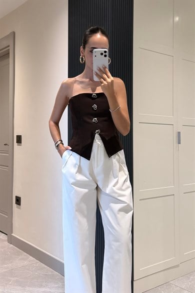 Acı Kahve Taş Düğmeli Korse Bluz - Kadın Bluz Modelleri - Nazliye Moda | Kadın Giyim Modası