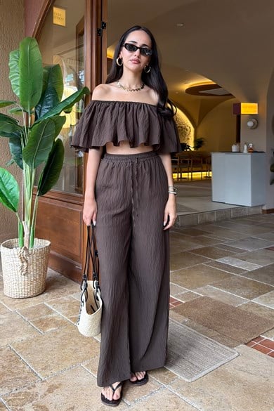 Acı Kahve Volanlı Crop İkili Takım - Kadın Takım Modelleri - Nazliye Moda | Kadın Giyim Modası