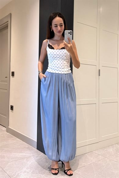 Bebe Mavi Saten Jogger Pantolon - Kadın Pantolon Modelleri - Nazliye Moda | Kadın Giyim Modası