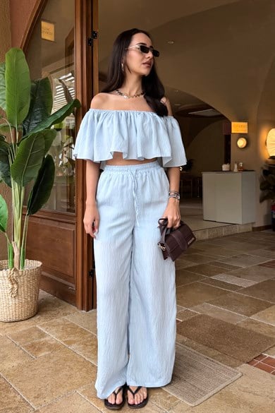 Bebe Mavi Volanlı Crop İkili Takım - Kadın Takım Modelleri - Nazliye Moda | Kadın Giyim Modası