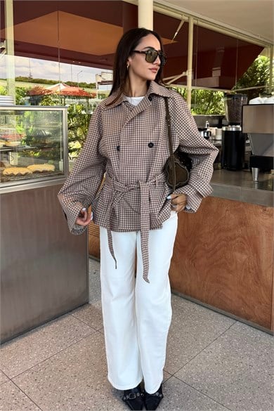 Bej Ekose Beli Kuşaklı Trençkot - Kadın Trençkot Modelleri - Nazliye Moda | Kadın Giyim Modası