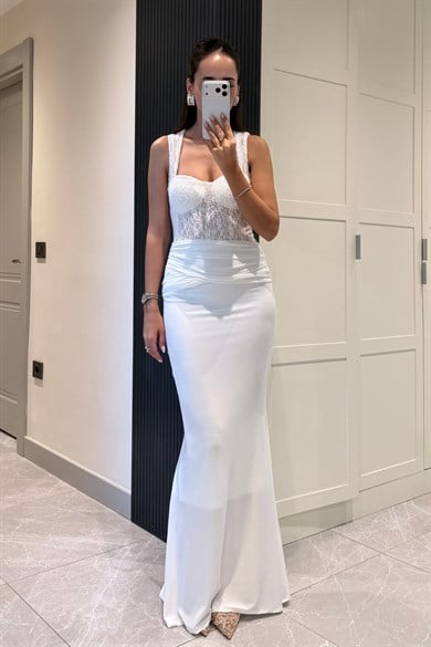 Beyaz Beli Dantelli Uzun Elbise - Kadın Elbise Modelleri - Nazliye Moda | Kadın Giyim Modası