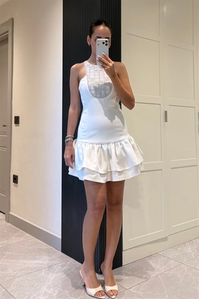 Beyaz Boncuk İşlemeli Mini Elbise - Kadın Elbise Modelleri - Nazliye Moda | Kadın Giyim Modası