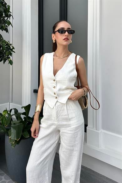 Beyaz Premium Ham Keten Yelek - Kadın Yelek Modelleri - Nazliye Moda - Kadın Giyim Modası