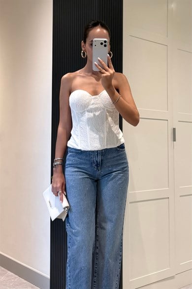 Beyaz Straplez Korse Dantel Bluz - Kadın Bluz Modelleri - Nazliye Moda | Kadın Giyim Modası