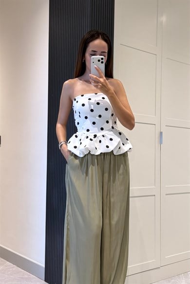 Beyaz Straplez Puantiye Bluz - Kadın Bluz Modelleri - Nazliye Moda | Kadın Giyim Modası