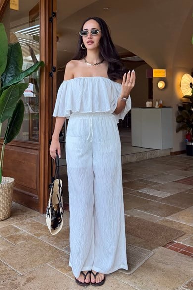 Beyaz Volanlı Crop İkili Takım - Kadın Takım Modelleri - Nazliye Moda | Kadın Giyim Modası