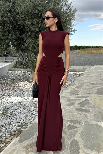 Bordo Kolsuz Bel Dekolteli Drape Uzun Elbise - Kadın Elbise Modelleri - Nazliye Moda | Kadın Giyim Modası