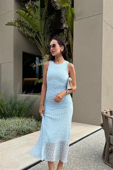 Dantelli Bebe Mavisi Uzun Elbise - Kadın Elbise Modelleri - Nazliye Moda | Kadın Giyim Modası