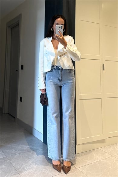 Droplu Taşlı Açık Mavi Straight jean - Kadın Jean Modelleri - Nazliye Moda | Kadın Giyim Modası