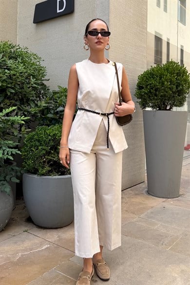 Ekru Kemerli İkili Takım - Kadın Takım Modelleri - Nazliye Moda | Kadın Giyim Modası