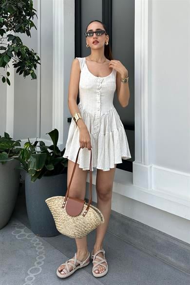 Ekru Mini Şort Elbise - Kadın Elbise Modelleri - Nazliye Moda - Kadın Giyim Modası