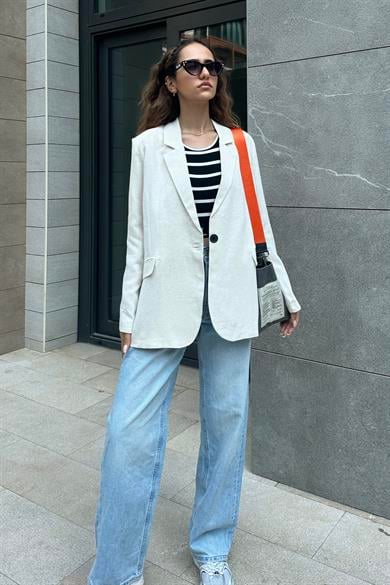 Ekru Oversize Keten Blazer Ceket - Kadın Blazer Ceket Modelleri - Nazliye Moda | Kadın Giyim Modası
