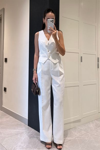 Ekru Pullu Pantolon Yelek Takım - Kadın Takım Modelleri - Nazliye Moda | Kadın Giyim Modası