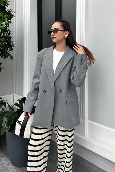Gri Oversize Blazer Ceket - Kadın Blazer Ceket Modelleri - Nazliye Moda - Kadın Giyim Modası
