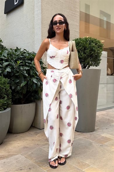 Gül Baskı Büzgülü Pantalon Bluz Takım - Kadın Takım Modelleri - Nazliye Moda | Kadın Giyim Modası