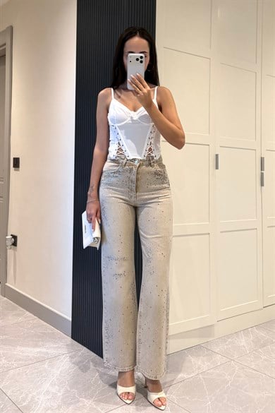 Haki Dağınık Taşlı Tasarım Jean - Kadın Jean Modelleri - Nazliye Moda | Kadın Giyim Modası