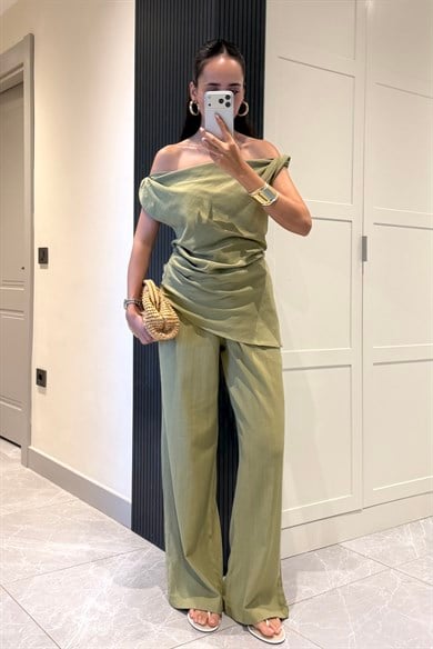 Haki Düşük Omuz Keten Takım - Kadın Takım Modelleri - Nazliye Moda | Kadın Giyim Modası