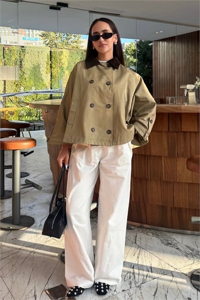 Haki Kadife Yaka Panço Trençkot - Kadın Trençkot Modelleri - Nazliye Moda | Kadın Giyim Modası