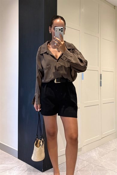 Haki Oversize Gömlek - Kadın Gömlek Modelleri - Nazliye Moda | Kadın Giyim Modası