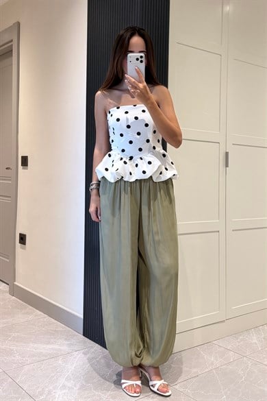 Haki Saten Jogger Pantolon - Kadın Pantolon Modelleri - Nazliye Moda | Kadın Giyim Modası