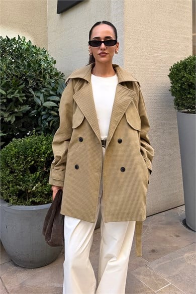 Hardal Ekose Midi Boy Trençkot - Kadın Ceket Modelleri - Nazliye Moda | Kadın Giyim Modası