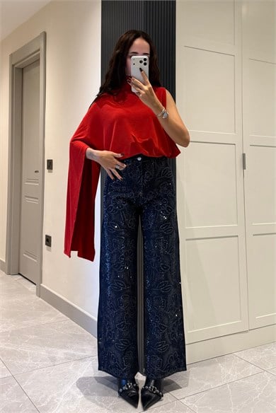 İndigo Mavi Çiçek Motifli Ön Arka Taşlı Jean - Kadın Jean Modelleri - Nazliye Moda | Kadın Giyim Modası