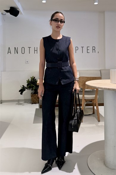 İndigo Mavi Kemerli Yelek Pantolon Takım - Kadın Takım Modelleri - Nazliye Moda | Kadın Giyim Modası