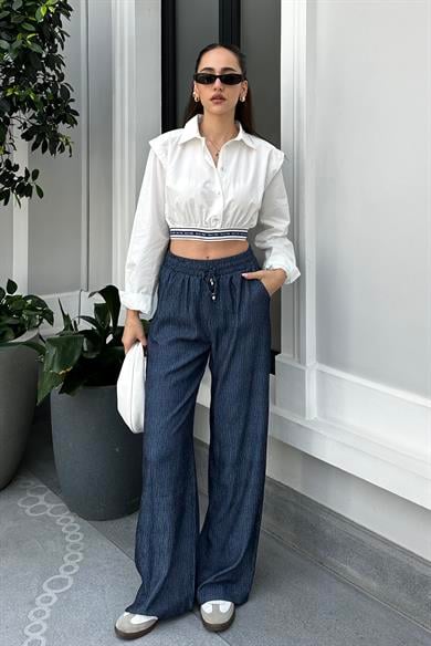 İndigo Mavi Lastikli Pantolon - Kadın Pantolon Modelleri - Nazliye Moda - Kadın Giyim Modası