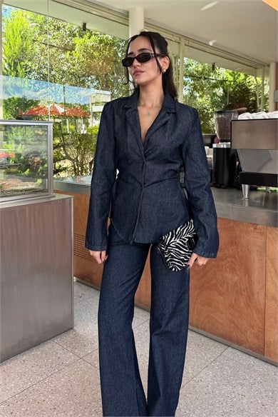 İndigo Mavi Vatkalı Kuşaklı Denim Takım