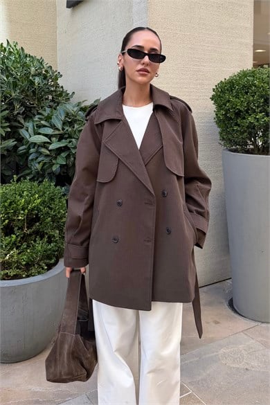Kahve Ekose Midi Boy Trençkot - Kadın Ceket Modelleri - Nazliye Moda | Kadın Giyim Modası